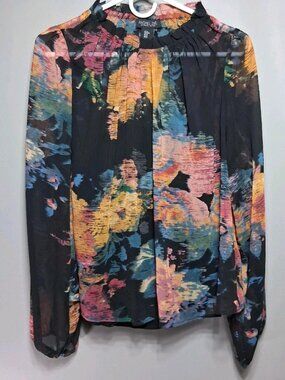 Rachel Zoe Whimsygoth Chiffon Blouse Dark Boho Floral Ruffle Mock Neck Medium